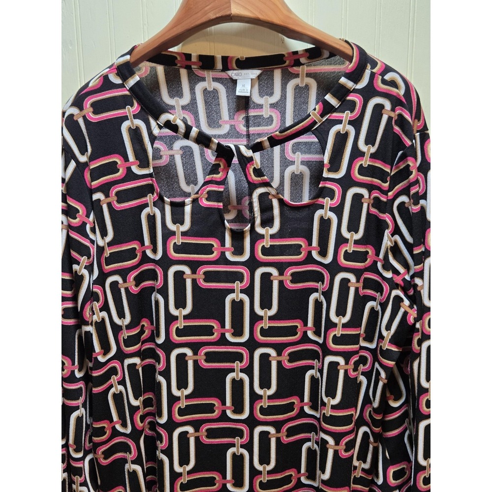 Cato Blouse Womens XL Black Geometric Chain‎ Print Bow Neck Long Sleeve Top